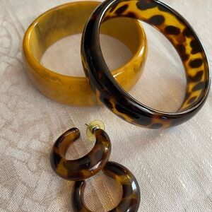 Tortoiseshell Resin Bangle & Hoop Earring Set - Amber Brown